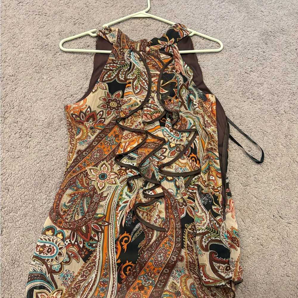Iz Byer Brown and Orange Asymmetrical Ruffled Tank Top